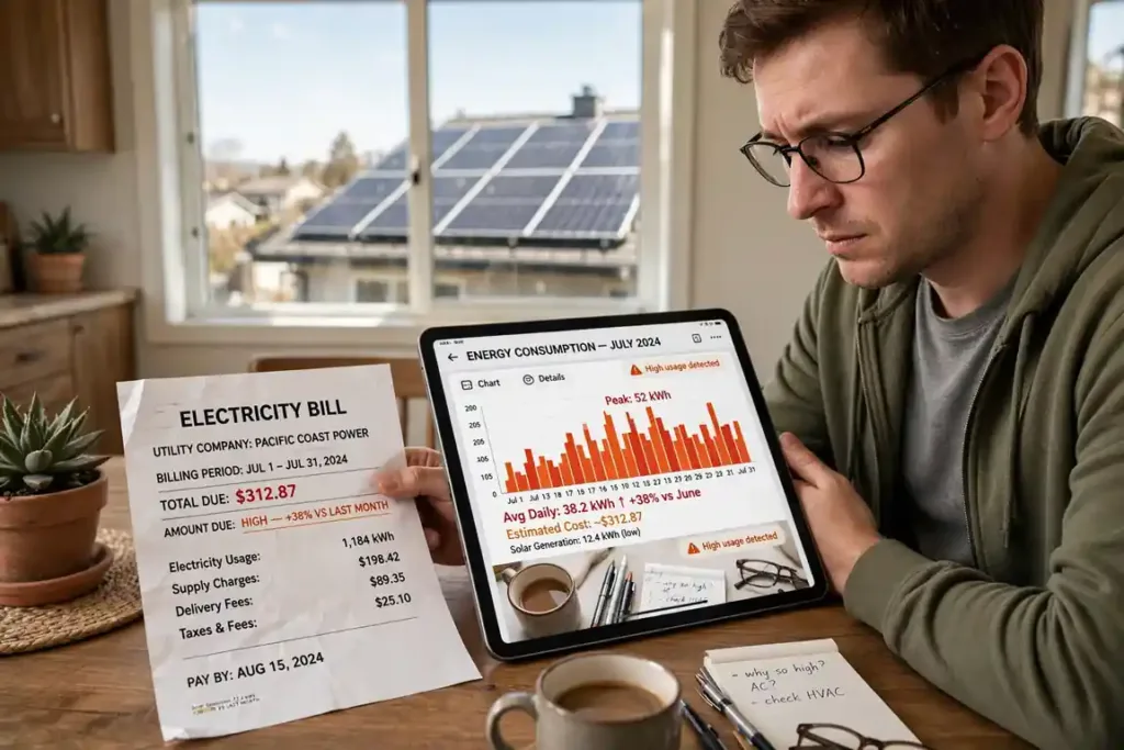 Homeowner reviewing high electricity bill and energy consumption audit before solar expansion