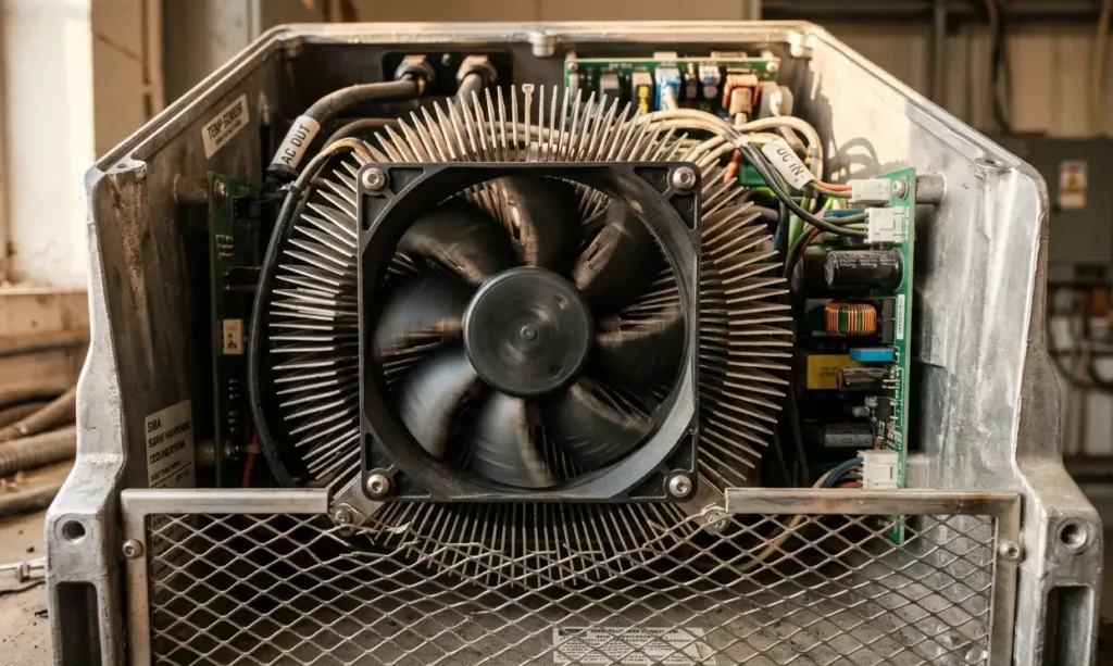 Detailed view of solar inverter cooling fins and fan for thermal control.