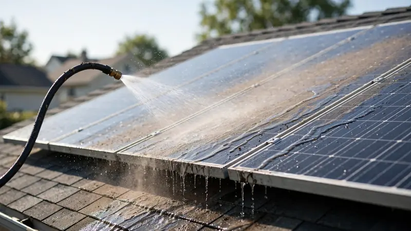 Low pressure hose rinsing dust before you clean solar panels