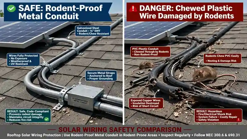 Comparison of safe rodent-proof metal conduit vs chewed plastic solar wire damaged by rodents