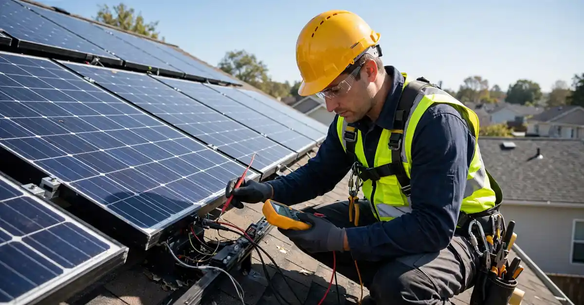 Technician troubleshooting solar short circuit on rooftop solar array with multimeter