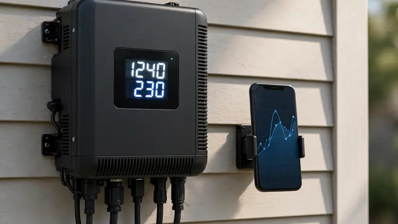 Smart inverter showing solar panel output monitoring on app